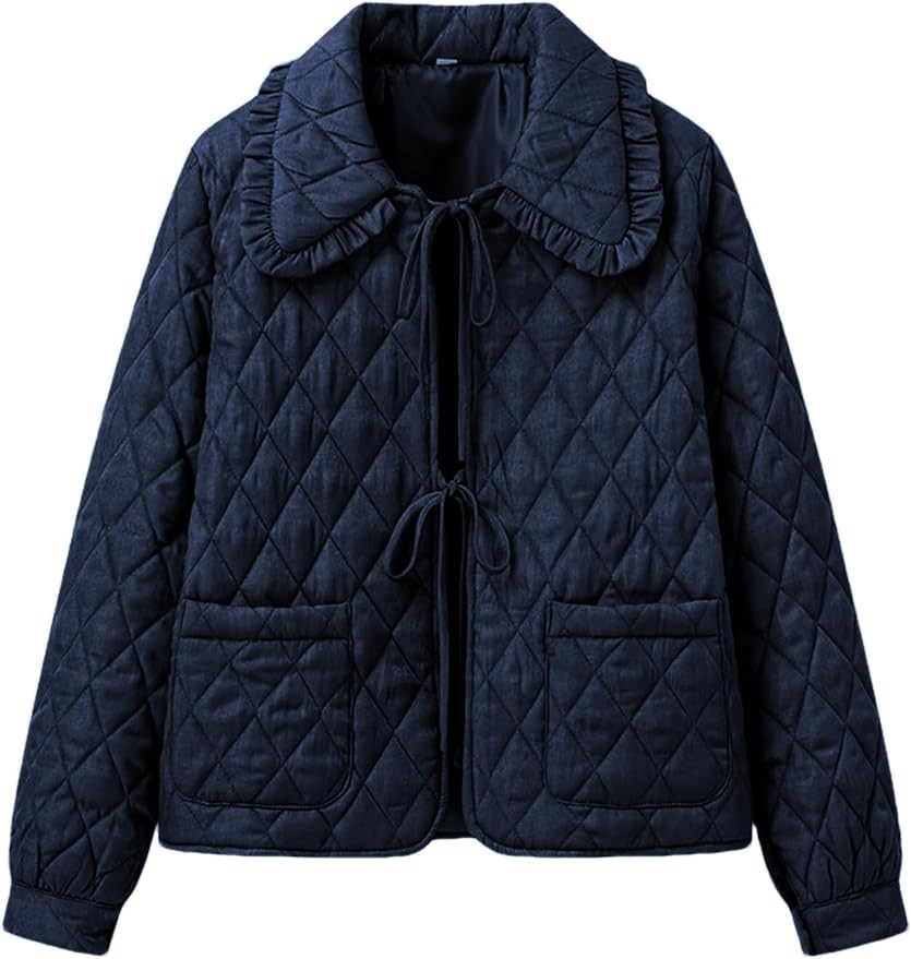 Women's Quilted Lightweight Jackets Long Sleeve Winter Cropped Cotton Padded Coat Jacket Bow Tie ... | Amazon (US)