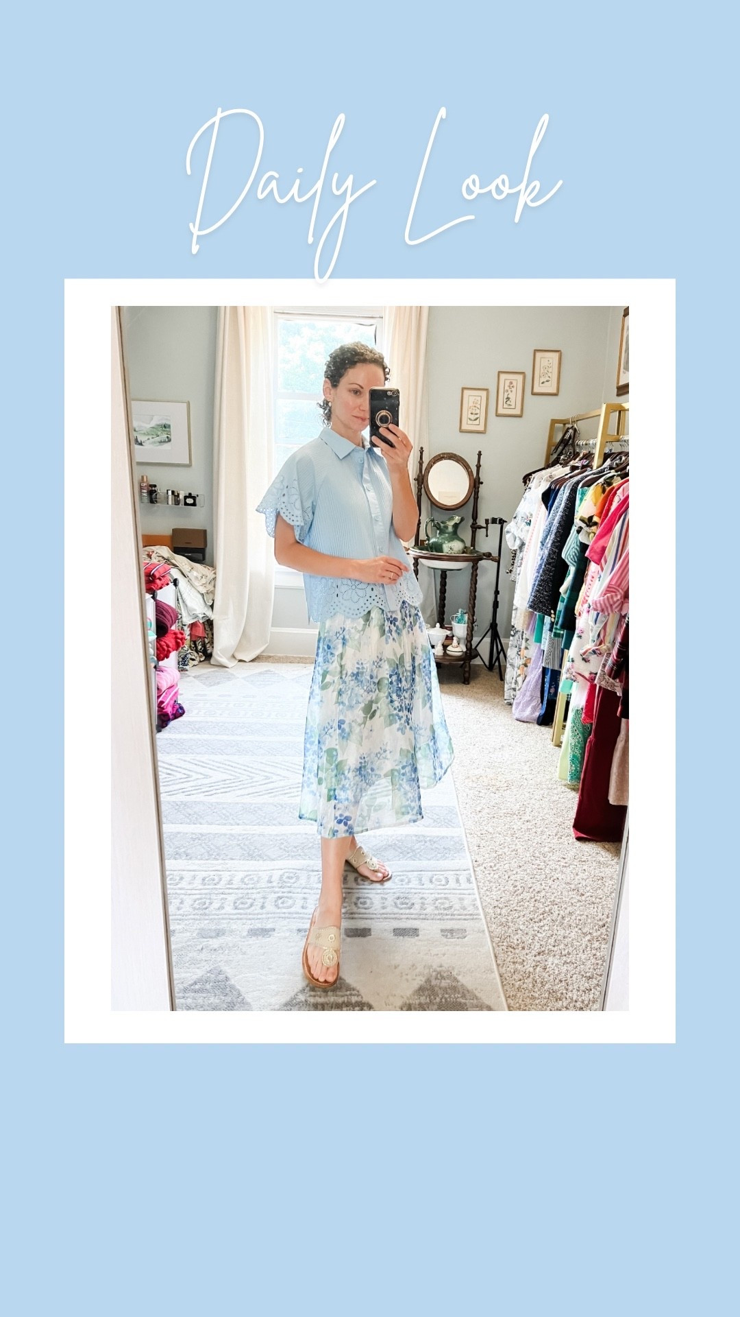 Blue and white summer outfit. 
Petite outfit. Feminine outfit. Modest outfit. Floral skirt  

#LTKOver40 #LTKStyleTip #LTKPetite