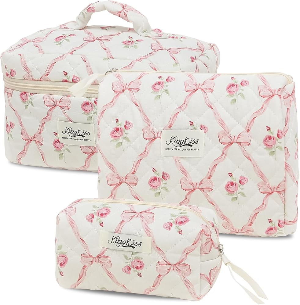 kingkiss 3PCS Quilted Floral Makeup Bag, Large Capacity Travel Cosmetic Bag, Cute Floral Makeup B... | Amazon (US)