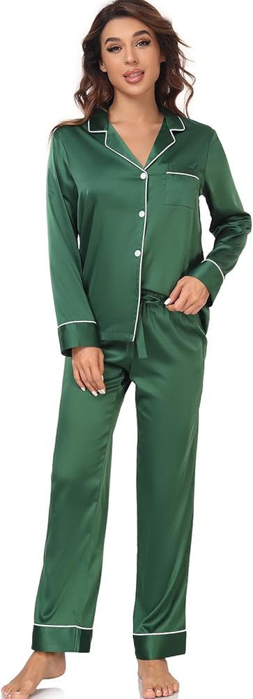 Women's Satin Pajama Set Long Sleeve Button Down Sleepwear 2-Piece Silky Pj Set | Amazon (US)