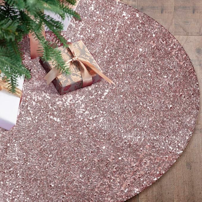 yuboo Rose Gold Christmas Tree Skirt, 48 Inch Sequin Pink Double Layers Tree Mat for Pink Christm... | Amazon (US)