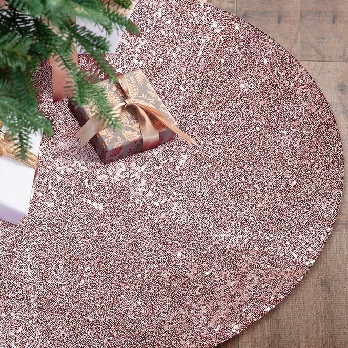 yuboo Rose Gold Christmas Tree Skirt, 48 Inch Sequin Pink Double Layers Tree Mat for Pink Christm... | Amazon (US)