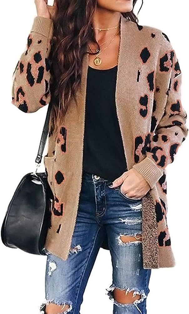 Women's Long Sleeves Open Front Leopard Print Button Down Knitted Sweater Cardigan Coat Outwear w... | Amazon (US)
