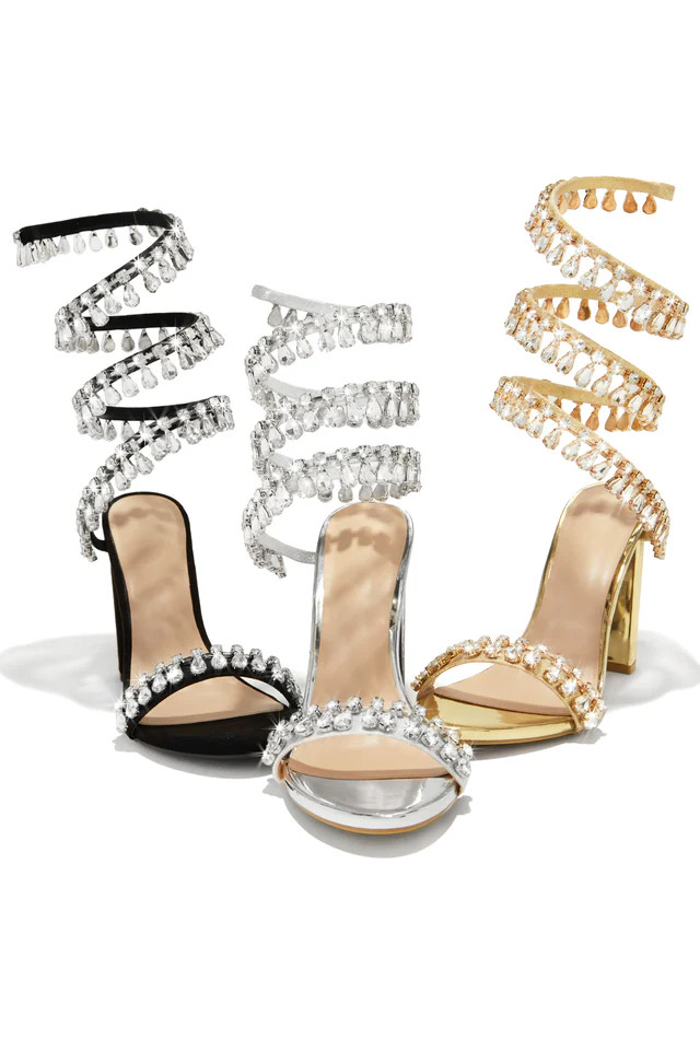 Miss Lola | Holiday Party Gold Embellished Around The Ankle Coil Heels | MISS LOLA