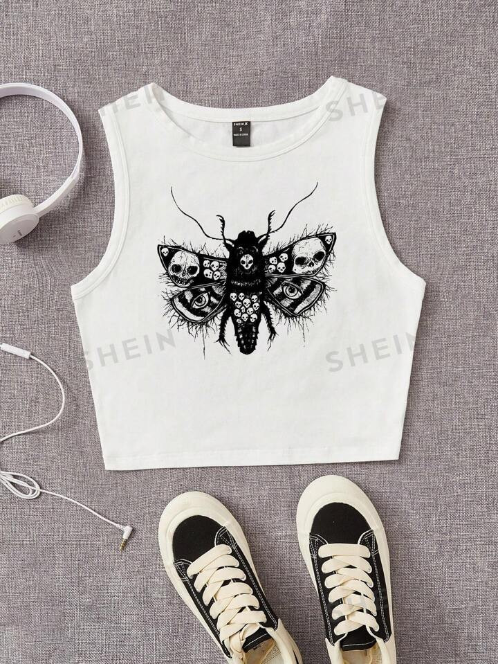Robin Skull & Butterfly Print Crop Tank Top | SHEIN