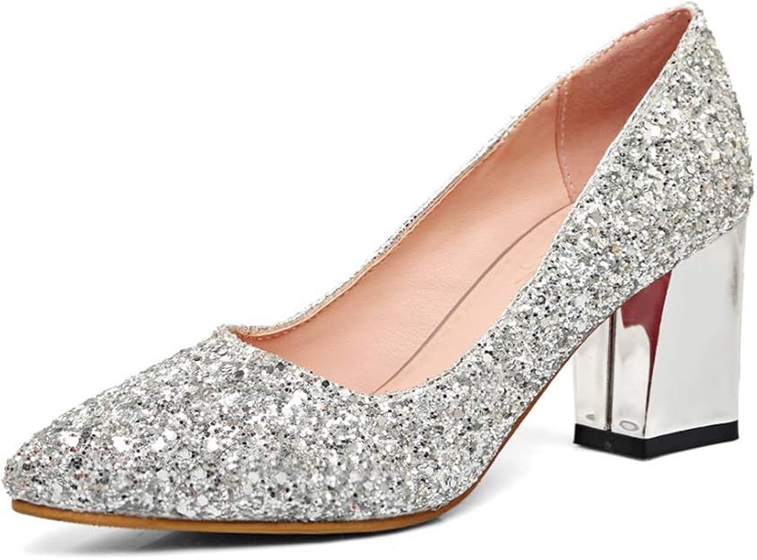 Dress First Women's Pointed Toe Pumps Chunky Heel Shoes Closed Glitter Mid Heel Wedding Pumps | Amazon (US)