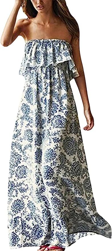 ZMPSIISA Women's Summer Off The Shoulder Maxi Dress Ruffle Strapless Blue White Porcelain Boho Ca... | Amazon (US)