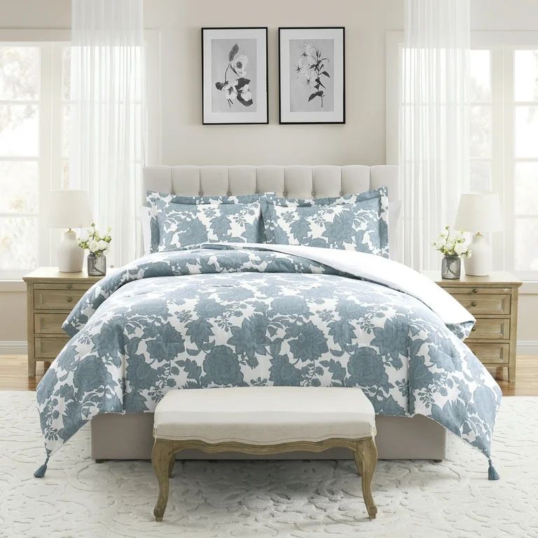 My Texas House Veronica 3-Piece Blue Floral Cotton Slub Comforter Set, King | Walmart (US)