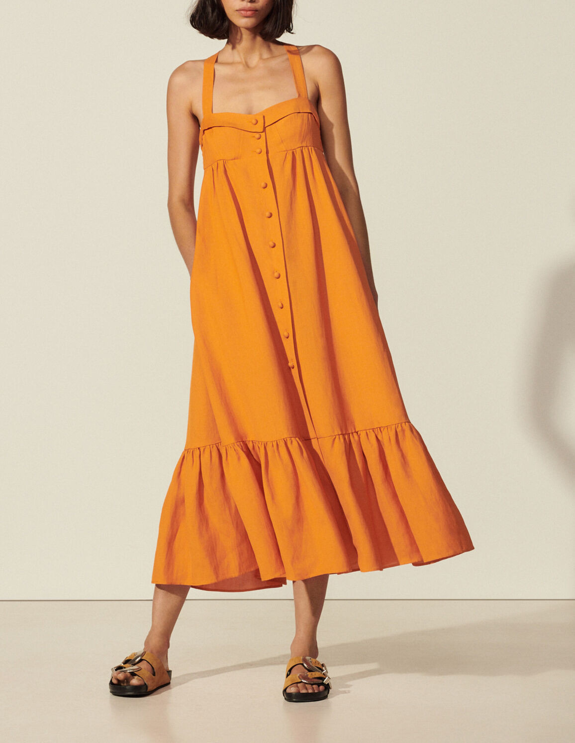 Long buttoned dress with straps | Sandro-Paris US