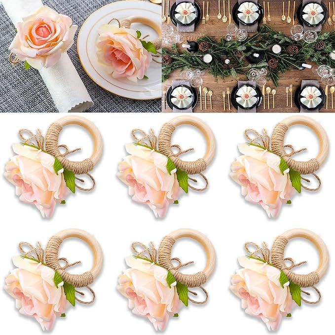 Fancymall Handmade Champagne Rose 6PCS Napkin Rings for Home, Kitchen, Dining Room, Dinner Partie... | Amazon (US)