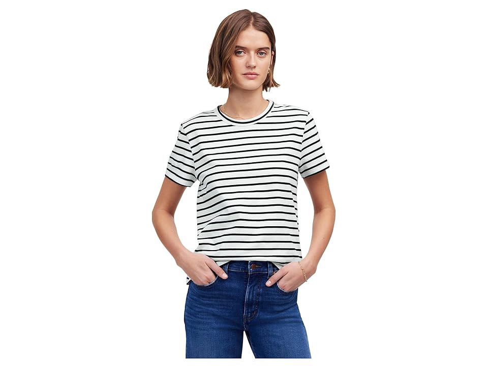Madewell Cotton Perfect Crewneck T-Shirts Stripe Women's Clothing White : LG (Women's 10-12) | Zappos