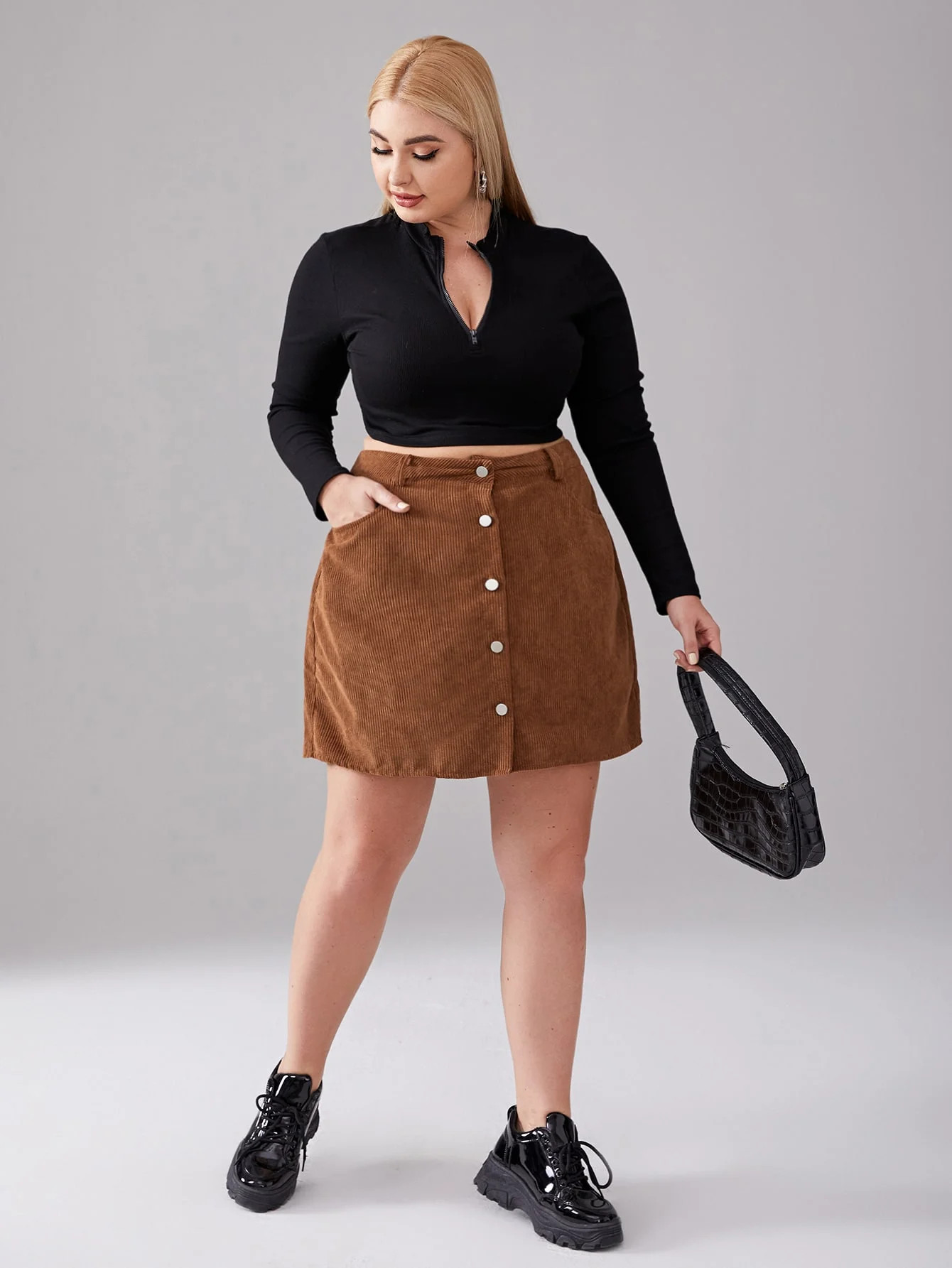 CrazyJune Women's Plus Size Button Corduroy Skirt, Casual High Waist A-Line Mini Skirt With Pocke... | Walmart (US)