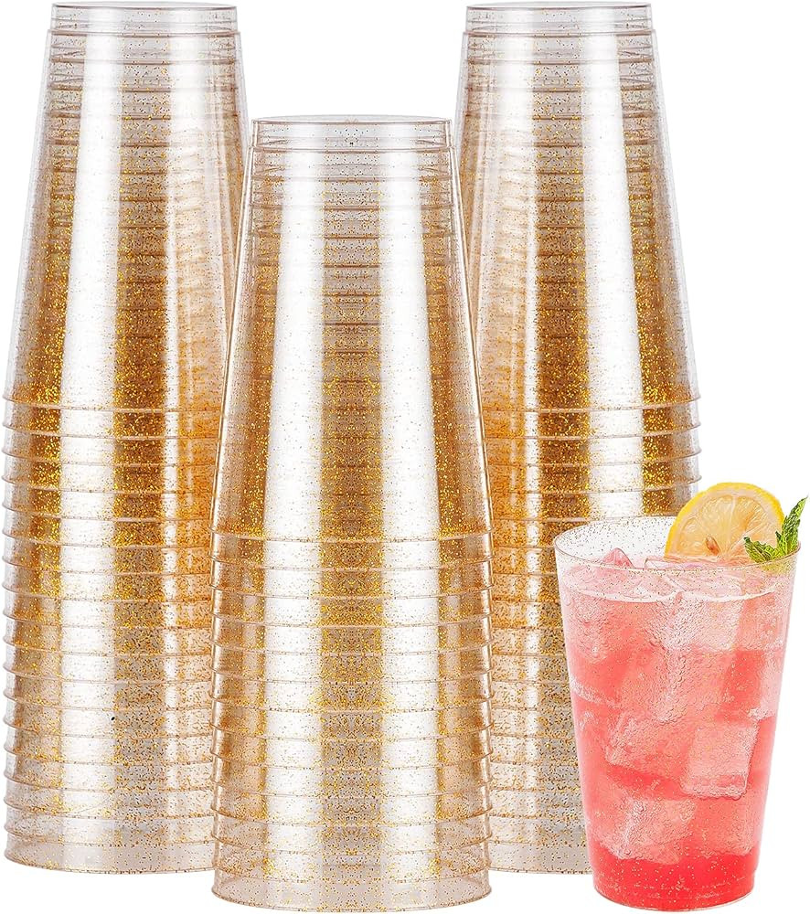 50PCS 14oz Glitter Plastic Cups for Party, Disposable Gold Plastic Cups, Plastic Cocktail Glasses... | Amazon (US)