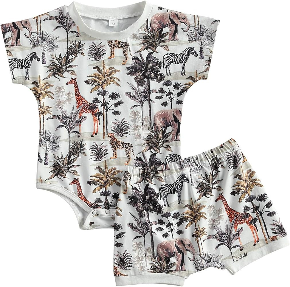 Toddler Baby Boys Summer Clothing Sets Forest Animal Print Romper Short Sleeve Bodysuit Tops and ... | Amazon (US)