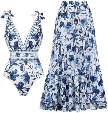 FLAXMAKER Blue and White V Neck Lace Up Strip Plant Prints One Piece Swimsuit and Skirt/Sarong | Amazon (US)