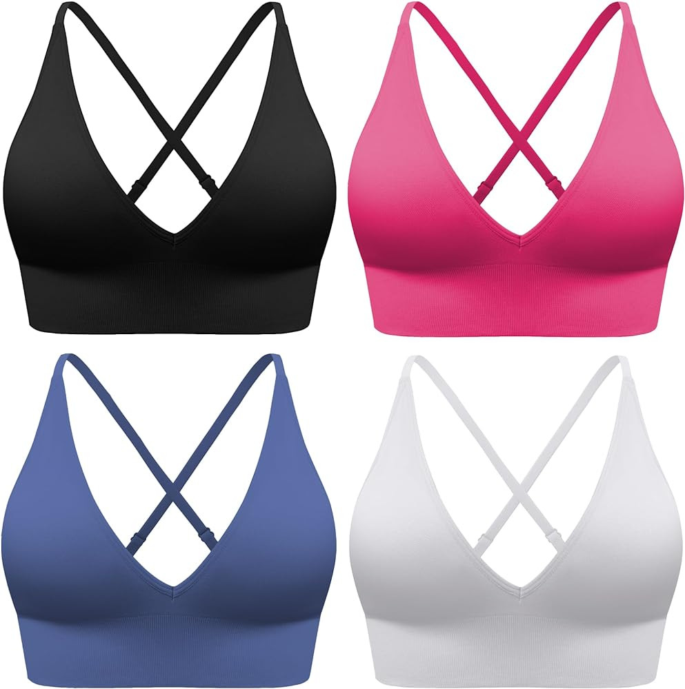 Evercute Women's Sports Bras 3/4 Pack Adjustable Deep V Neck Bras Wireless Spaghetti Strap Criss ... | Amazon (US)