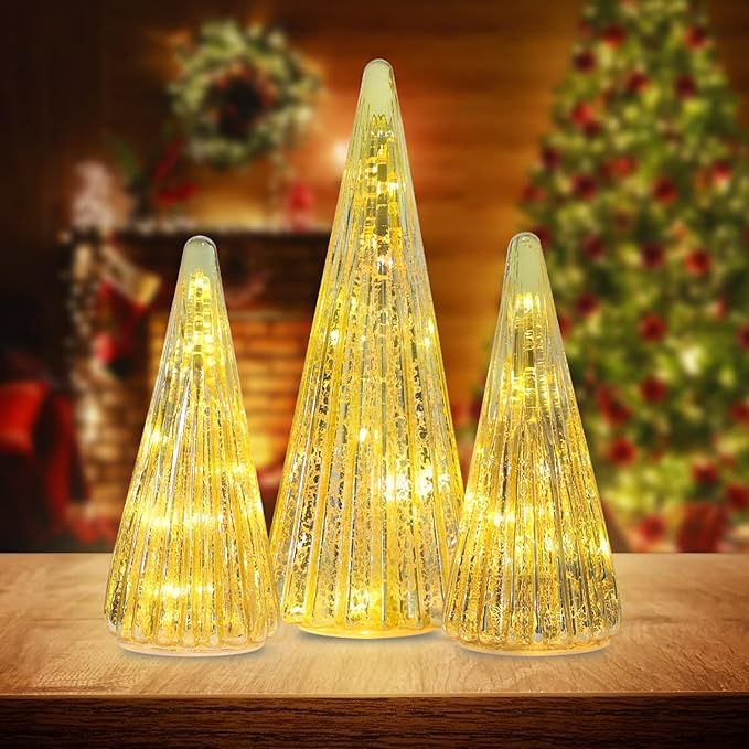 YEAHOME Christmas Decorations Indoor, 3 Pack Pre-lit Gold Glass Christmas Tree Home Decor, Christ... | Amazon (US)