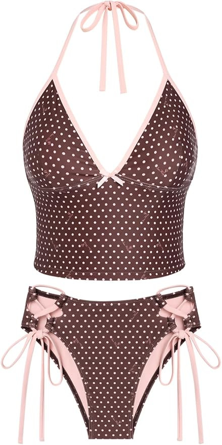 seamoly Women's Tankinis Striped Halter String Tie Side 2 Piece Tankini Sets Swimsuit | Amazon (US)