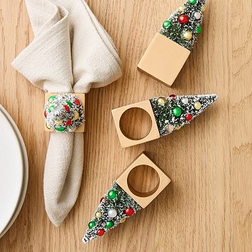 St. Jude Mid-Century Santa Bottle Brush Tree Napkin Ring Sets | West Elm (US)