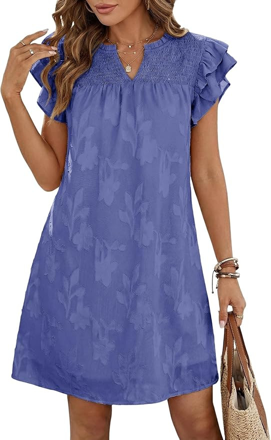 Dokotoo Womens Summer Dresses 2026 Ruffle Short Sleeve Casual V Neck Smocked Floral Burnout Mini ... | Amazon (US)
