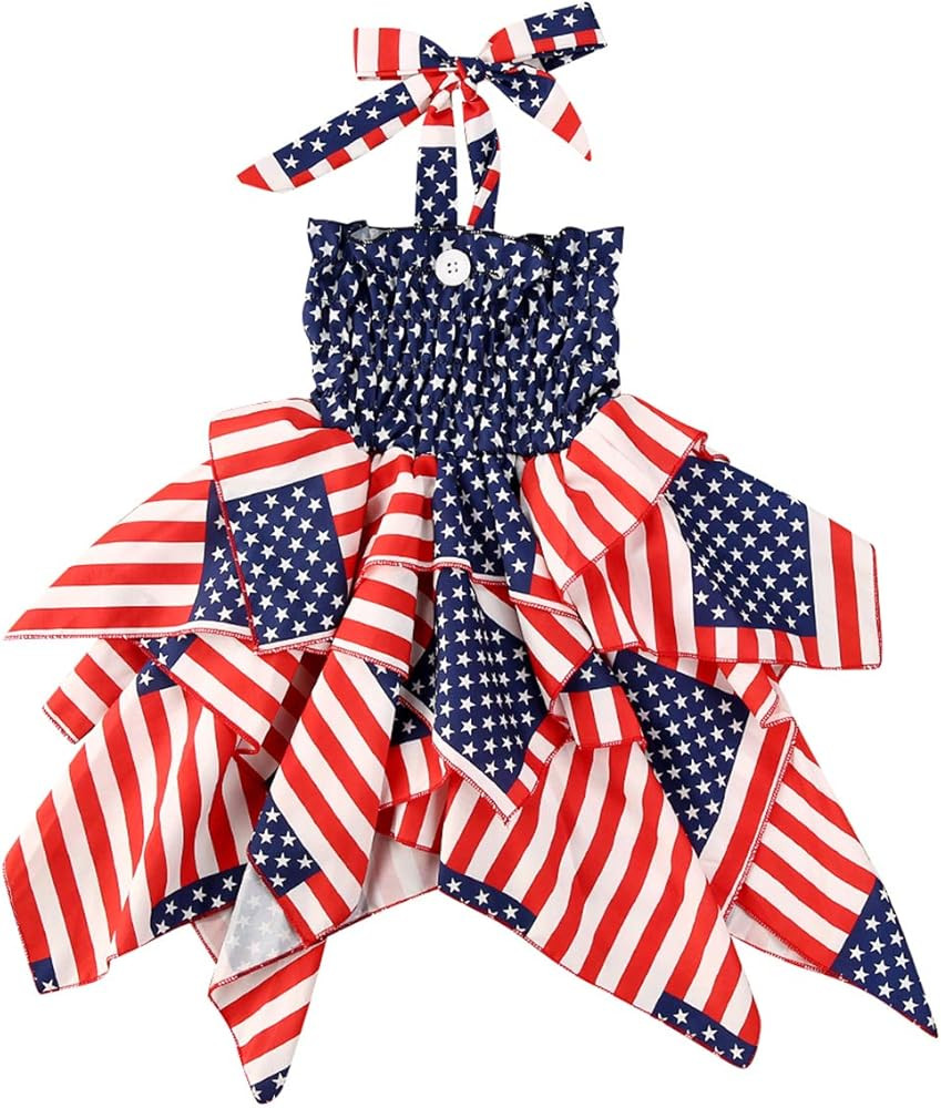 Toddler Girl 4th of July Dress American Flag Red White and Blue Tassel Halter Dresses Baby First ... | Amazon (US)