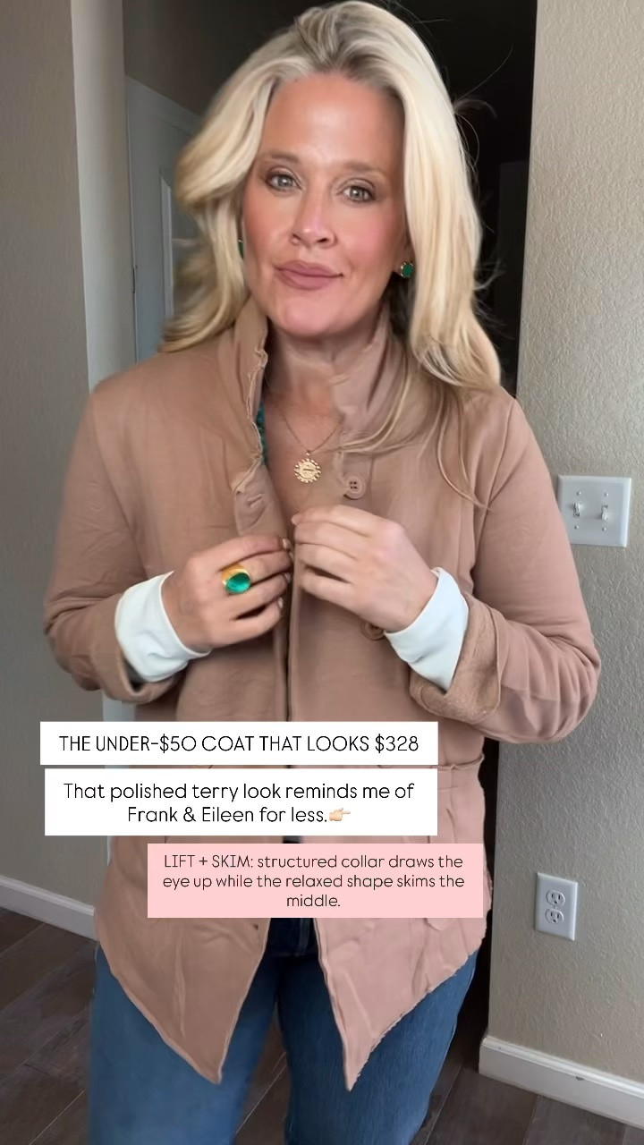 ✨Tap the bell, save and ❤️ start here over 40 fashion, midlife style, midsize fashion and luxury looks for less.  

⬇️Sizing information:
Wearing large tts (size up if in between sizes.)
Jeans 12 tts 

THE UNDER-$50 COAT THAT LOOKS $328

That polished terry look reminds me of Frank & Eileen for less.

LIFT + SKIM: structured collar draws the eye up while the relaxed shape skims the middle.

👑 Helping you look good, feel good.-Lindsey Denver   Check back daily for belly-friendly style, confidence, and Outfit Physics™.

#LTKOver40 #LTKMidsize