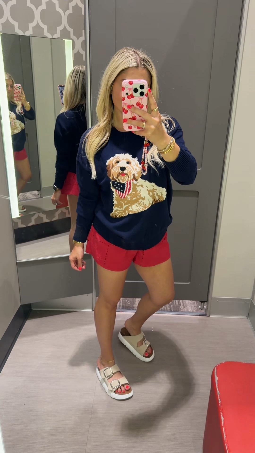 Red white and blue @Target outfit ❤️
M sweater 
Small shorts
Sandals tts