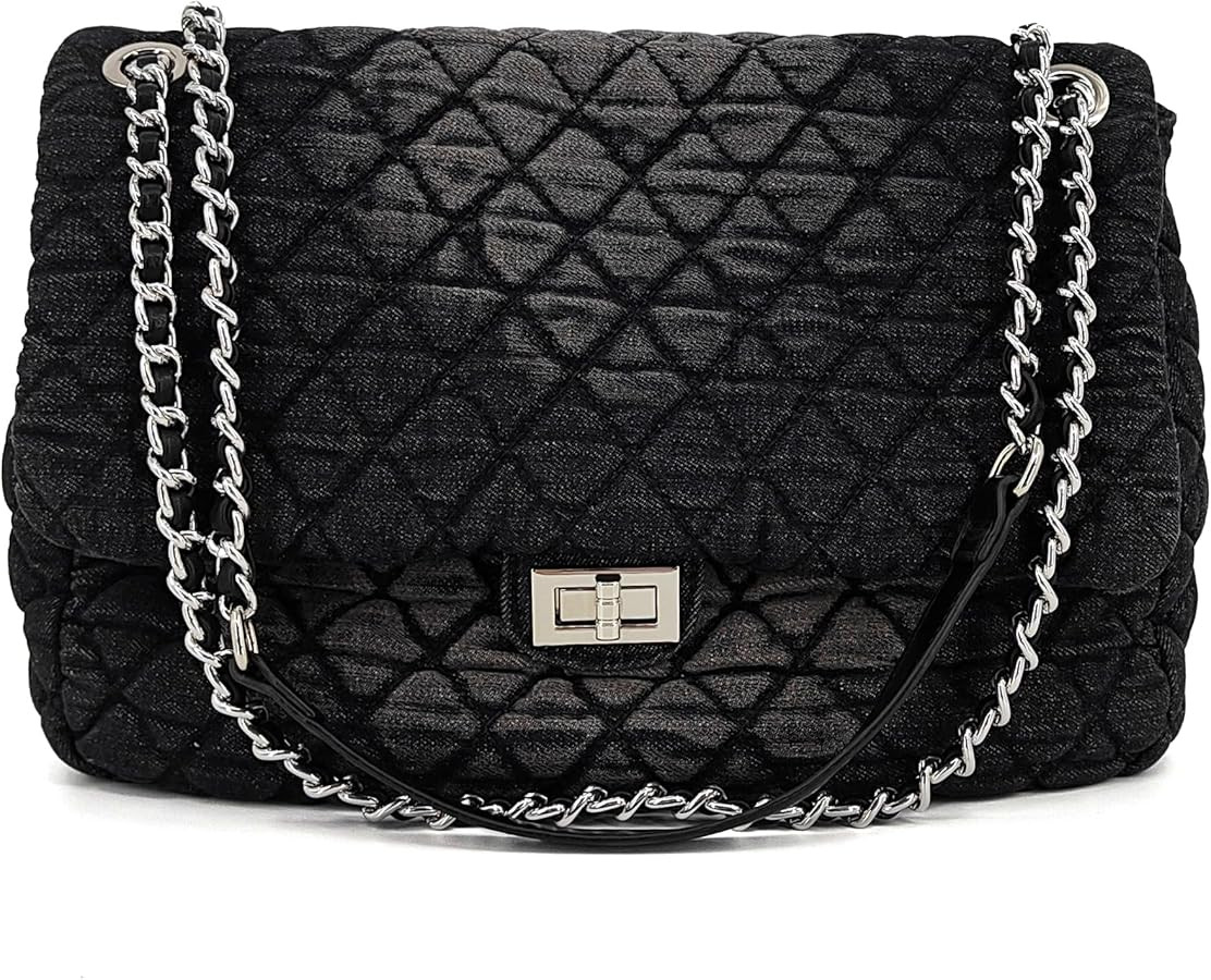 Quilted Denim Purse, Shoulder Bag for Women, Crossbody Flap Tote Bag, Silver Chain Trendy Hobo Ba... | Amazon (US)