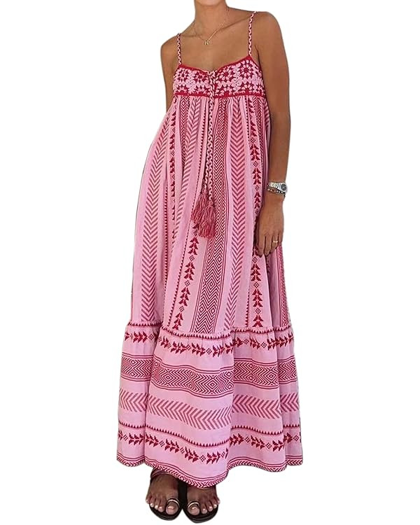 Women Boho Maxi Dress Crochet Patchwork Sleeveless Long Flowy Swing Dress Pink Beach Sundresses | Amazon (US)