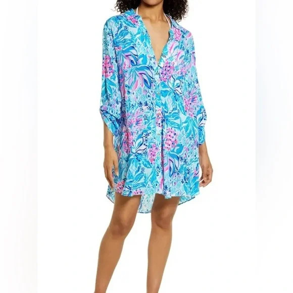 Lilly Pulitzer Natalie Long Sleeve Button Up Cover Up Shirt Dress Tunic size XXS | Poshmark