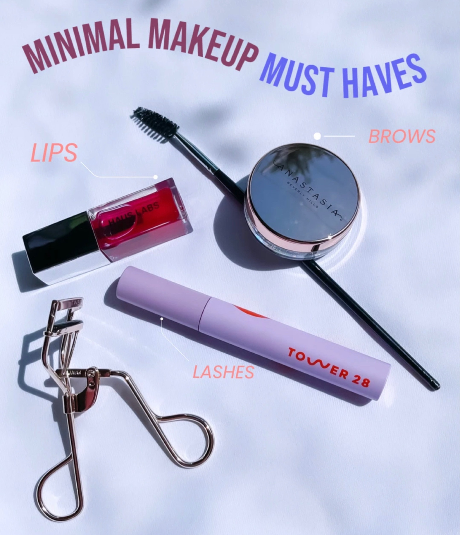 MINIMAL MAKEUP MUST HAVES , HAUS LABS lip oil , ANASTASIA BEVERLY HILLS brow freeze , brow spoolies , TOWER 28 make waves mascara , best mascara , TWEEZERMAN pro lash curler , best lash curler , summer makeup 

#LTKsalealert #LTKbeauty #LTKitbag