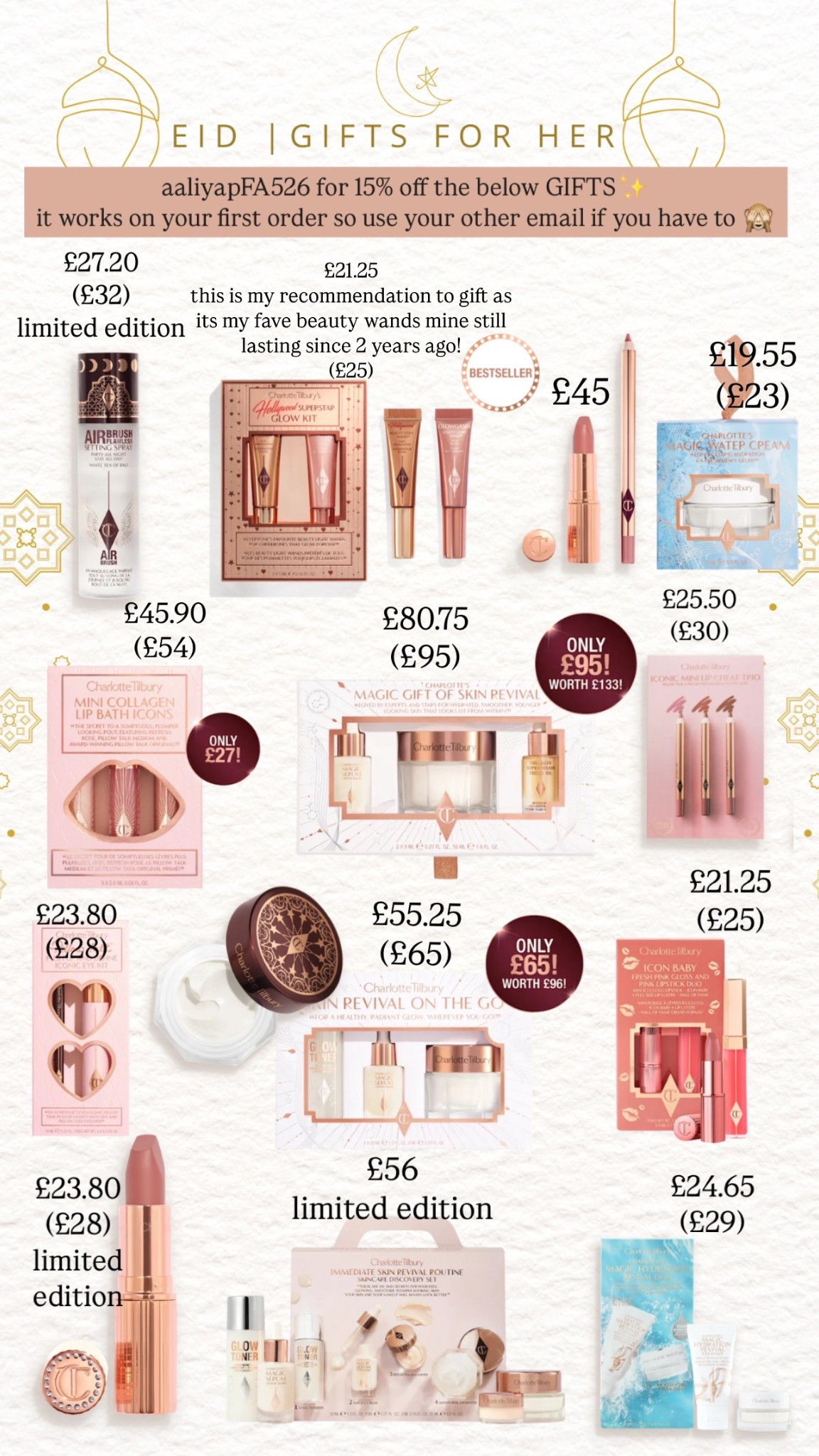 ✨EID GIFTS FOR HER✨ If you’re looking for the perfect beauty gifts this Eid, I’ve got you covered with these Charlotte Tilbury must-haves! From bestselling makeup to luxurious skincare, these picks are perfect for gifting (or treating yourself!). Plus, use code aaliyapFA526 for 15% off your first order—so if you’ve shopped before, maybe use another email wink wink

Swipe to shop or click the link in my bio to grab your favorites before they sell out!

#EidGifts #CharlotteTilbury #LTKBeauty #GiftGuide #LuxuryBeauty #MakeupLover



#LTKbeauty #LTKgiftguide #LTKluxury