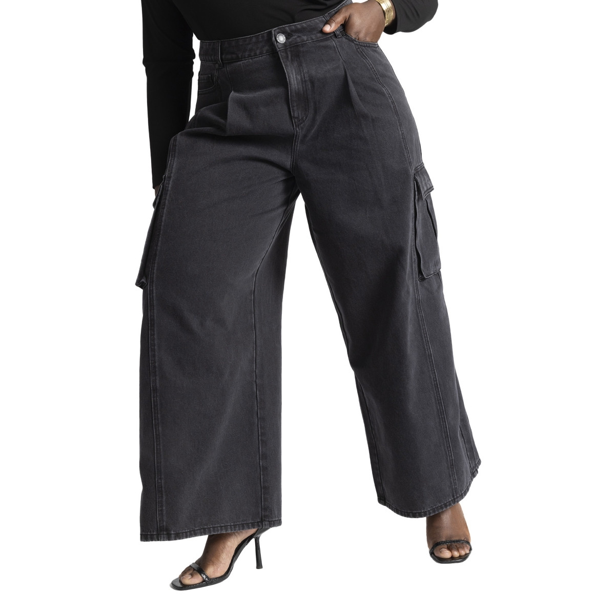 Eloquii Women's Plus Size Wide Leg Cargo Jean - Washed black | Macy's