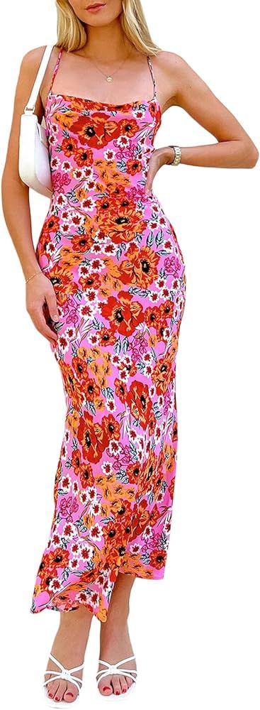 Women Sexy Bodycon Maxi Dress Sleeveless Floral Print Low Cut Spaghetti Strap Backless Long Dress... | Amazon (US)