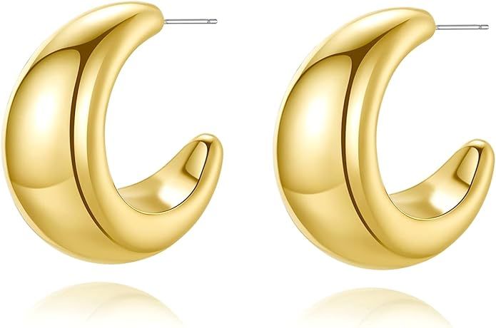 Gold Chunky Hoop Earrings for Women Stud Half Open Earrings 18K Gold Filled Big Simple Hypoallerg... | Amazon (US)