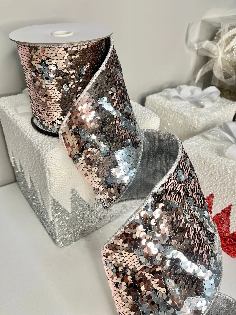 Sequins Silver and Rose Gold Wired Christmas Ribbon, 4W X 5 Yards Holiday Christmas Decor Craft R... | Etsy (US)