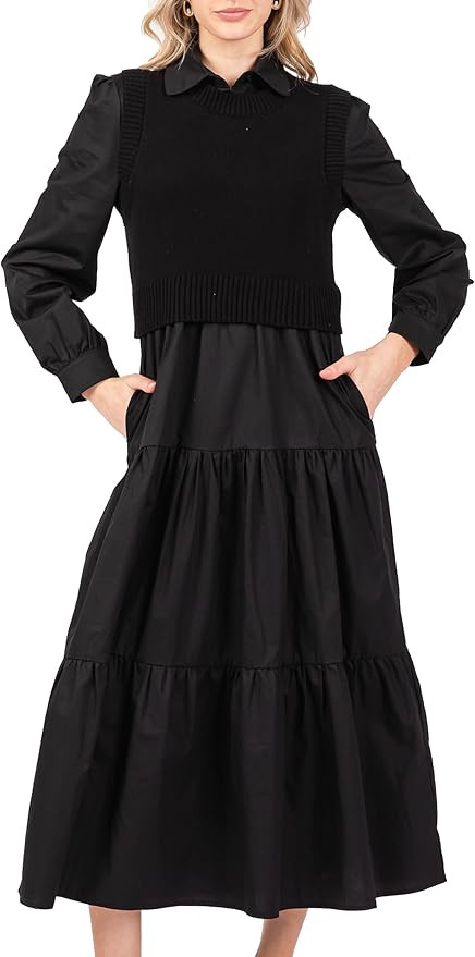 Women's Long Sleeve Midi Dress with Sweater Vest Casual Button Down Crew Neck Fall and Winter Out... | Amazon (US)