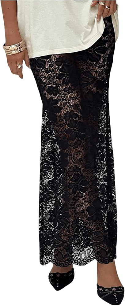 MakeMeChic Women's Floral Lace Sheer Maxi Skirt Bodycon Party Long Skirts | Amazon (US)