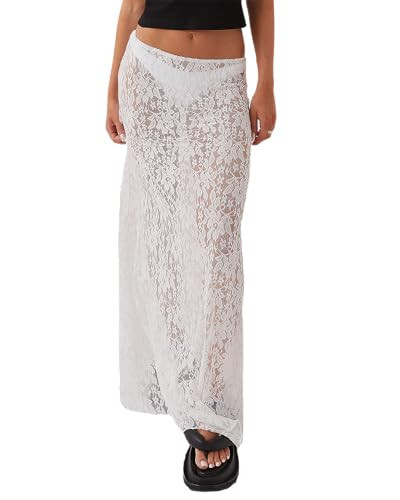 LTZYLS Lace Maxi Skirt for Women See Through Sexy Boho Summer Skirt Flowy Long Transparent White Skirt for Beach Vacation（White,X-Small） | Amazon (US)