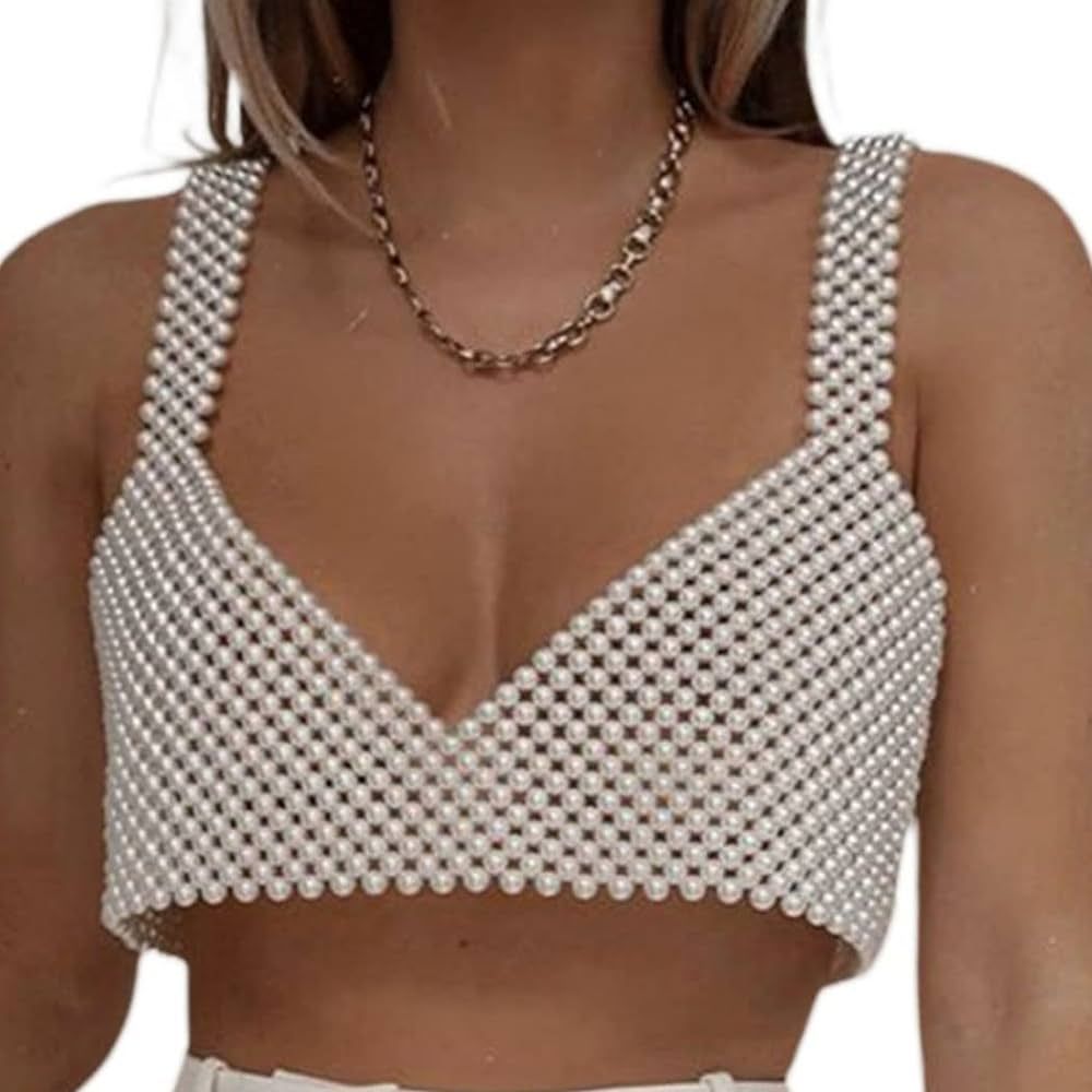 Pearls Body Chain Bra Women Beaded Tank Tops Vest Crop Top Sexy Sleeveless Cover Ups Chest Chains... | Amazon (US)