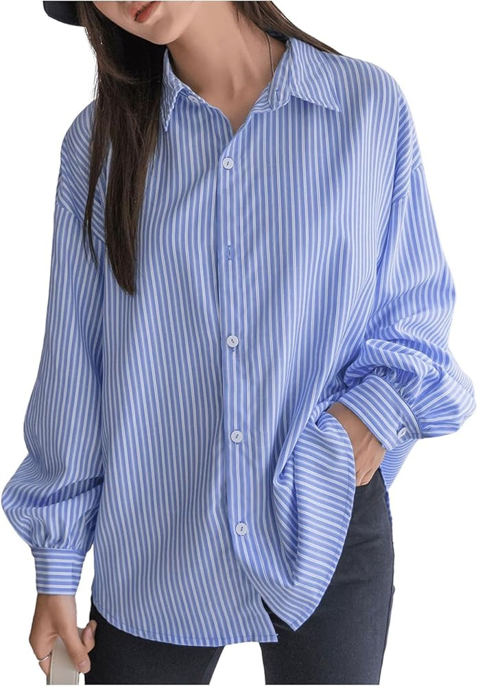 OYOANGLE Women's Striped Long Sleeve Button Down Shirts Collared Neck Work Casual Blouse Tops | Amazon (US)