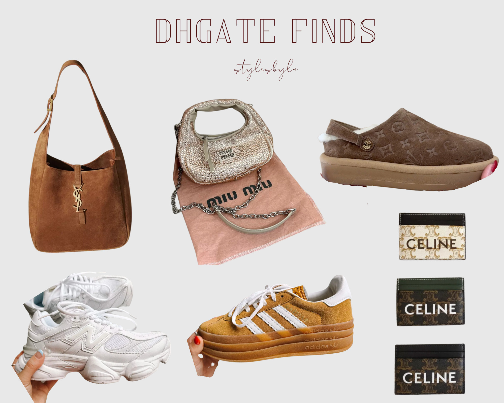 DHGATE FINDS | Dupe bags | dhgate bags , Mui mui bag , adidas gazelle , nike shoes dhgate, louis vuitton slippers dupe, celine hand cards, YSL purse , dhgate shoes, dhgate cardholders, DHgate slippers,  

 #LTKStyleTip #LTKShoeCrush #LTKItBag