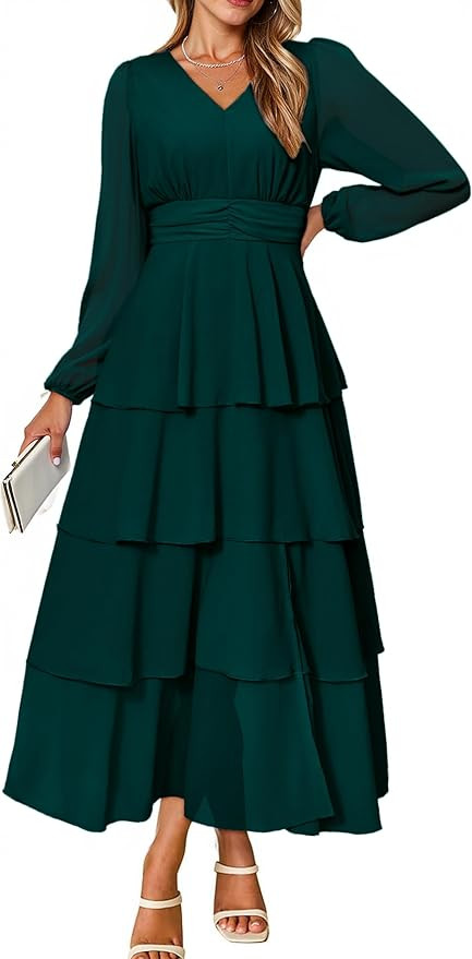BerryGo Womens Flowy Maxi Dress Chiffon Long Sleeve Slit V Neck Casual Ruffle Tiered Boho Fall We... | Amazon (US)
