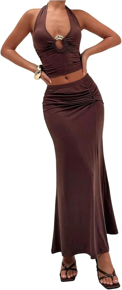 Milumia Women's 2 Piece Outfits Ring Linked Deep V Neck Halter Top Twisted Maxi Skirt Set | Amazon (US)