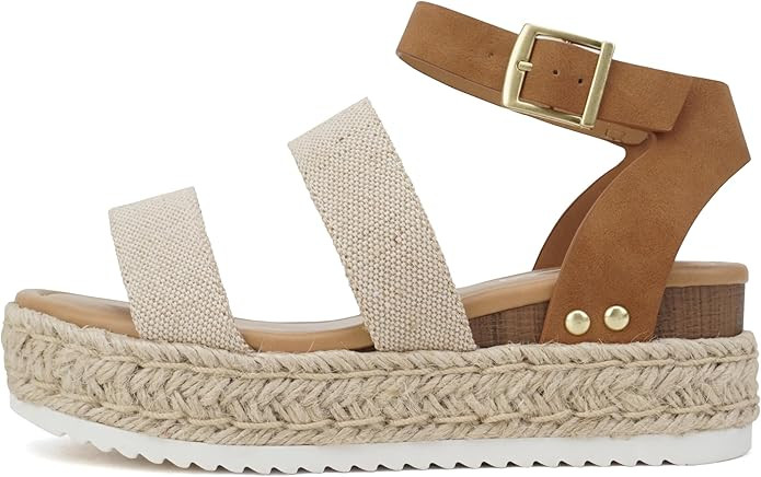 Soda Top Shoe Bryce Open Toe Buckle Ankle Strap Espadrilles Flatform Wedge Casual Sandal | Amazon (US)