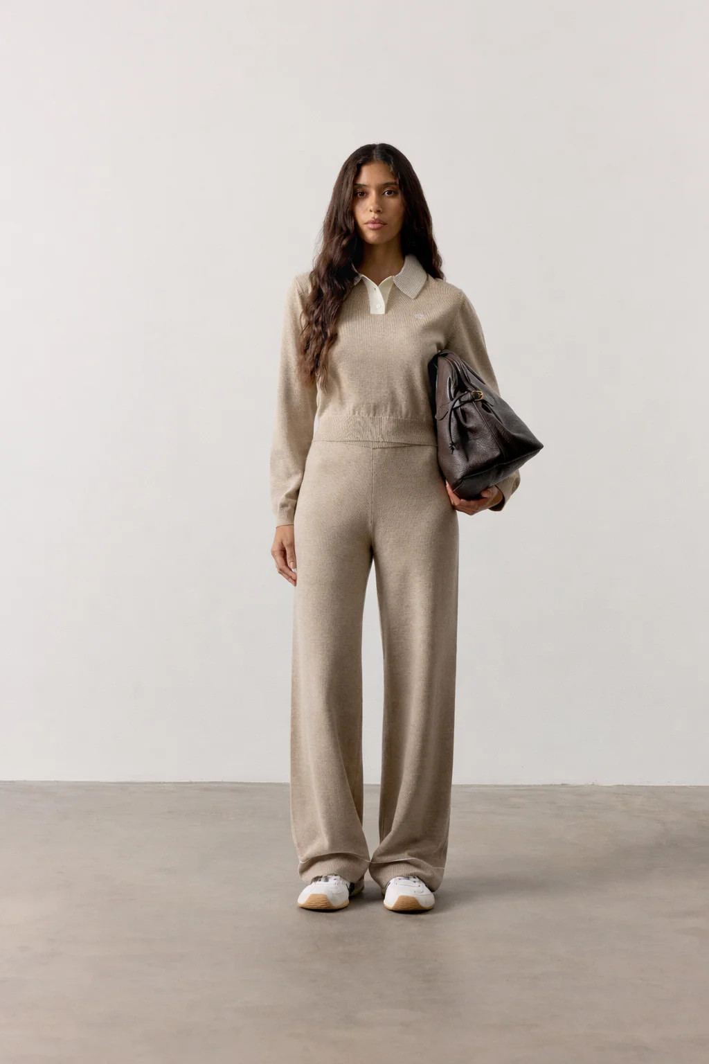 LONG SLEEVE KNITTED COLLAR POLO TOP - BEIGE | The Couture Club