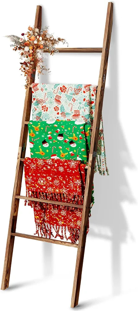 6-Tier Blanket Ladder Wooden, 5.7FT(66.5'') Blanket Quilt Towel Holder Rack Decorative Ladder, Ea... | Amazon (US)