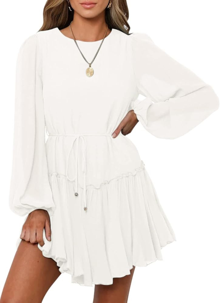 Hotwy Womens Crewneck Long Sleeve Dress Puff Sleeve Tie Waist Ruffle Tiered Swing Casual Dresses | Amazon (US)