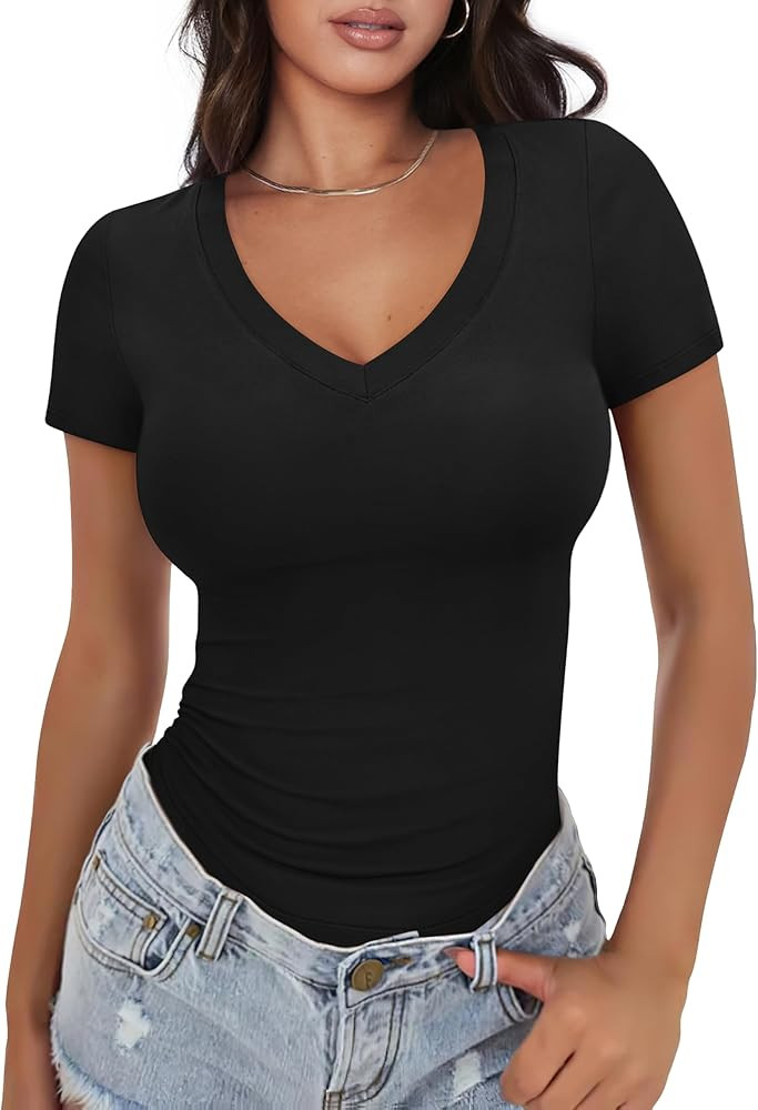 XIEERDUO Womens Summer Tops V Neck T Shirts for Women Beach Vacation Clothes Short Sleeve Shirts ... | Amazon (US)