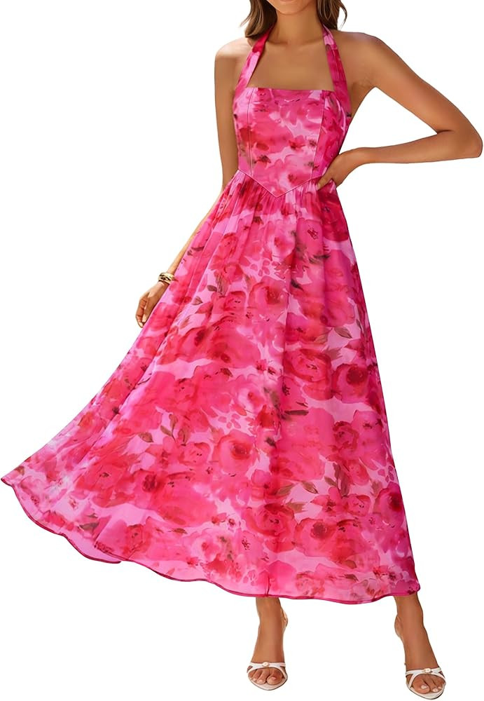 ZESICA Women's Summer Floral Halter Midi Dress 2026 Sleeveless Off Shoulder High Waist Flowy Casu... | Amazon (US)